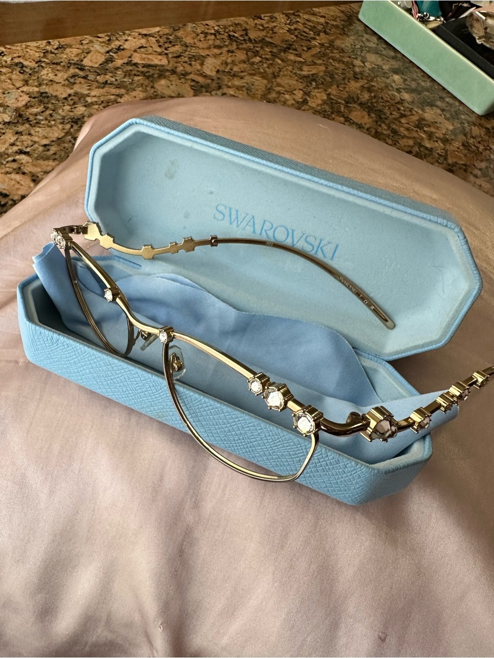 Swarovski Gold-Tone Reading Glasses with Crystal Accents and Light Blue Case